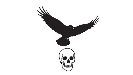 Raven flying above a skull vector illustration isolated on white background