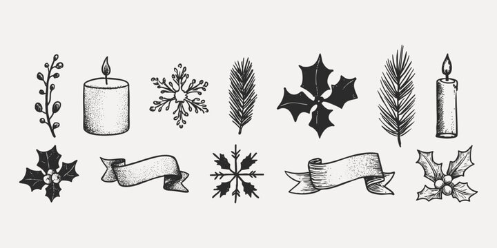 Vintage hand drawn set of Christmas botanical and holiday elements. Ink holly, candle, snowflake, ribbon.