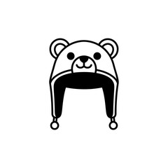 A simple black and white line art icon of a cute bear winter hat with ear flaps.
