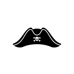 Black pirate hat with skull and crossbones emblem on a white background.