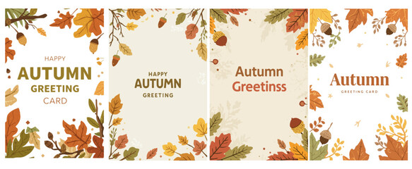 Set Vector template autumn greeting card with flat design featuring warm earthy tones such as olive green, terracotta, and golden yellow