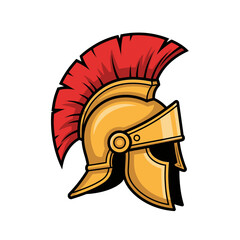 Illustration of a golden Spartan helmet with a red plume on a white background. © LafifahFitriyani