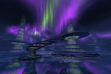Futuristic City Under Glowing Aurora