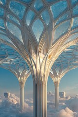 Futuristic Tree-Like Structure Above Clouds
