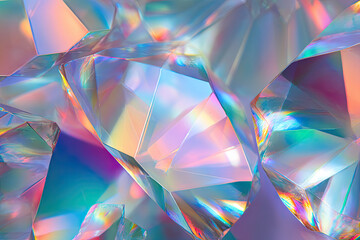 A holographic rainbow unicorn pastel purple pink teal colors abstract background. Optical crystal prism flare beams. Neon light flares