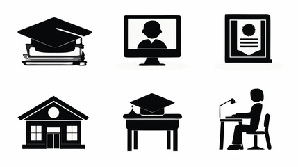 Black and white education icon set with symbols for learning, graduation, online school, diploma, and student studies