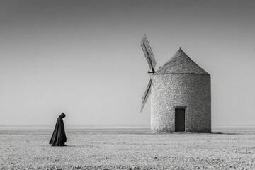 Monochrome Figure Near Old Windmill