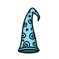 A whimsical illustration of a light blue wizard's hat adorned with stars and swirling patterns.