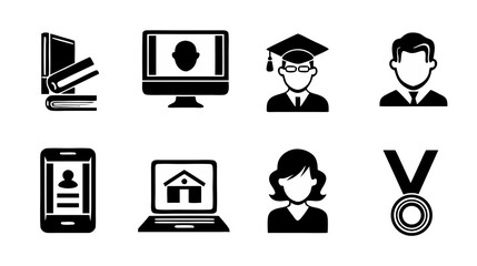 Set of Black and White Vector Icons for Online Education, Remote Learning, Graduate Students, Professional Profiles, and Academic Achievement