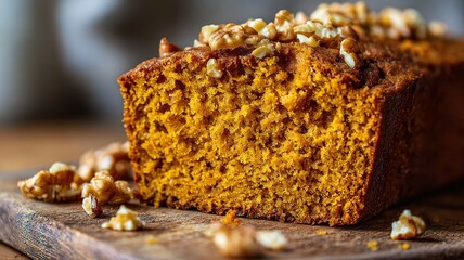 Fresh homemade pumpkin bread with walnuts on top, sliced for fall-themed dessert displays, food blogs, and bakery promotions