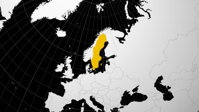Sweden map. Animated zoom into the country on the Globe in Black White color palette. Country logo animation. Map with meridians, parallels. Elegant video.
