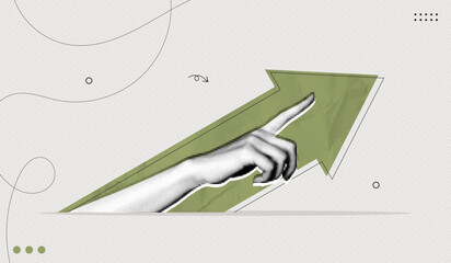 Trendy Halftone Collage Hand and stock arrow move up. Market statistics chart. Finance business data graph. Investment growth. Trending upwards. Contemporary vector illustration art