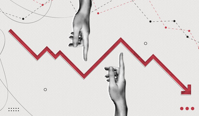 Fototapeta na wymiar Trendy Halftone Collage Pointing hand and red arrow going down. Financial problems business failure. Falling trading market. Crisis and despair. Investment losses. Contemporary vector illustration art