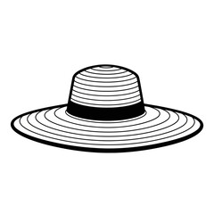 Black and white line art illustration of a wide-brimmed straw hat with a striped pattern and a solid band.