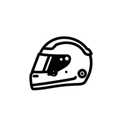 A black and white line art icon of a full-face racing helmet shown in profile view.