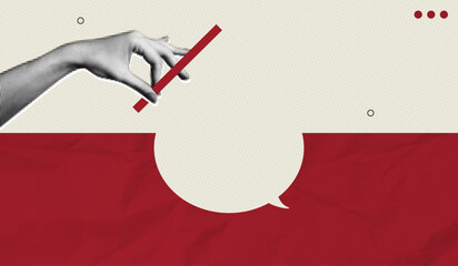 Trendy Halftone Collage Building business communications concept. Hand places last bridge block to overcome challenge. Relationship solution. Leadership support. Contemporary vector illustration art