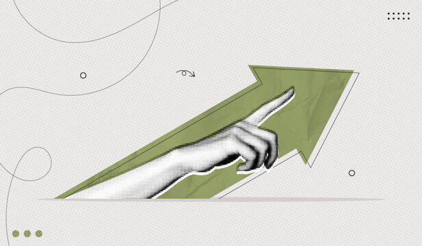 Trendy Halftone Collage Hand and stock arrow move up. Market statistics chart. Finance business data graph. Investment growth. Trending upwards. Contemporary vector illustration art