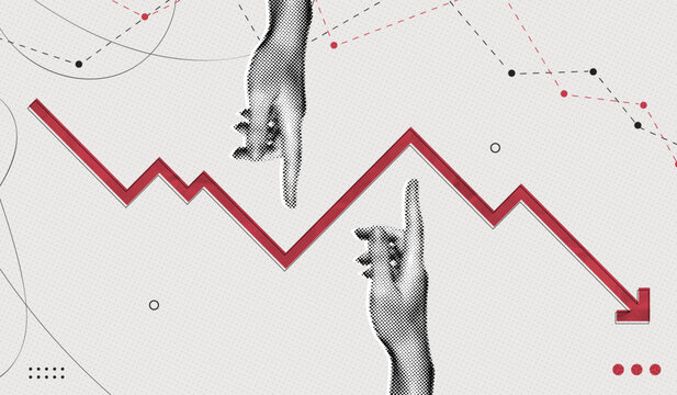 Trendy Halftone Collage Pointing hand and red arrow going down. Financial problems business failure. Falling trading market. Crisis and despair. Investment losses. Contemporary vector illustration art