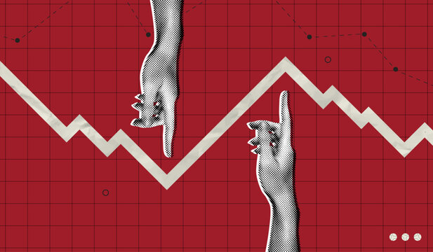 Trendy Halftone Collage Pointing Hands and Red Arrow going down. Financial problems business failure. Falling trading market. Crisis and despair. Investment losses. Vector illustration art
