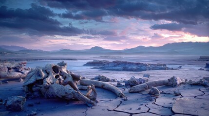 Ancient Fossil Remains In A Desolate Landscape At Dusk