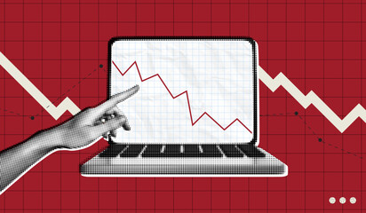 Trendy Halftone Collage Stock market trading decline chart. Laptop with hand and red arrow going down. Crisis and despair. Investment losses. Contemporary vector illustration art © accogliente