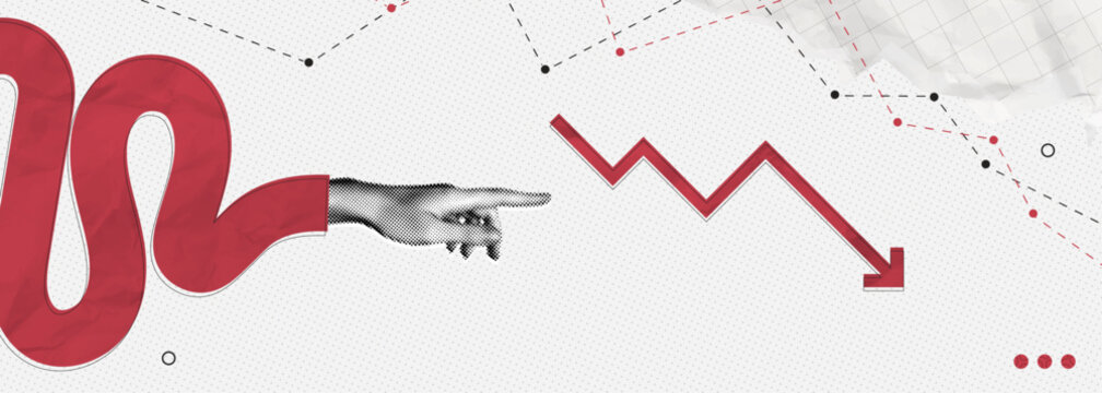 Trendy Halftone Collage Hand poiting red arrow going down. Financial problems business failure. Falling trading market. Crisis and despair. Investment losses. Contemporary vector illustration art
