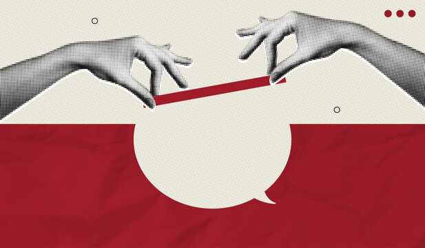 Trendy Halftone Collage Building business communications concept. Hands places last bridge block to overcome challenge. Relationship solution. Leadership support. Contemporary vector illustration art