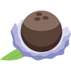 Chocolate Coconut Ball Candy Wrapped in Light Purple Paper with Green Leaf Isolated on Transparent Background