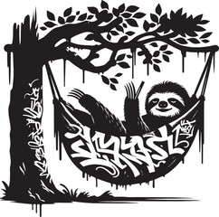 Naklejka premium A Relaxed Sloth Lounging in a Hammock Under a Tree with Graffiti