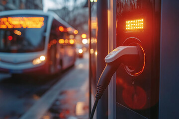 Fototapeta premium Electric bus recharges at a modern charging station in the city, symbolizing eco-friendly and sustainable mobility.