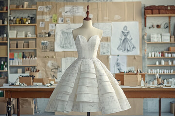 Professional fashion image of a stylish white dress on mannequin, perfect for advertising design, couture, and fashion craftsmanship.