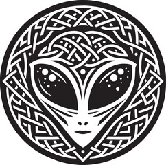 Intricate Black and White Alien Head Design Within a Celtic Knot