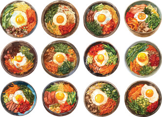 Watercolor Clipart of Bibimbap Bowls