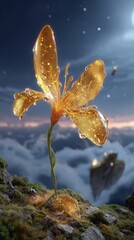 Golden Lily Flower On Mountain Top At Night