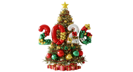 Christmas tree with 2026 balloon numbers, isolated on transparent background