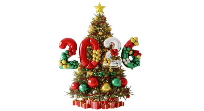 Christmas tree with 2026 balloon numbers, isolated on transparent background
