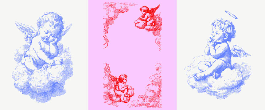 Vintage cherub angels resting on clouds. Romantic baroque pencil line artwork for cards, wedding design, religious and interior decor.
