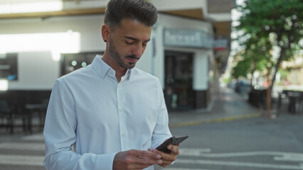 Young hispanic man taps smartphone screen with fingers on a downtown city street bathed in...