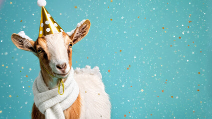 Festive Goat with Scarf and Party Hat on Turquoise Snowy Background