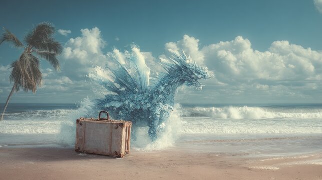 Fantasy creature emerging from ocean waves near suitcase on sandy beach