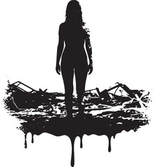 Silhouette of a woman standing amidst ruins representing strengt