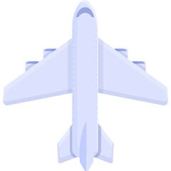 A top down view of a stylized pale blue airplane with four engines and large swept wings flying against a pure white background with no discernible markings or defects