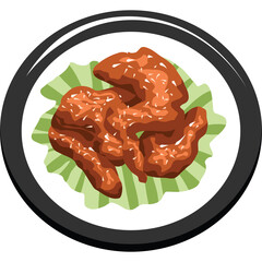 A Top Down View Of Several Barbecue Chicken Wings With A Glazed Sauce Placed On Green Lettuce Leaves Inside A White Plate With Black Rim Against A Transparent Background