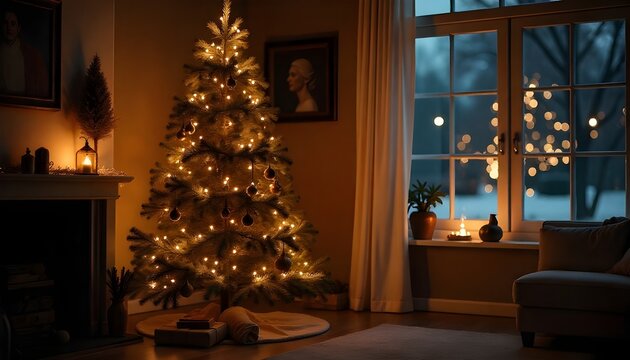 A fully decorated and lit Christmas tree brightens a warm, cozy living room on a snowy evening.