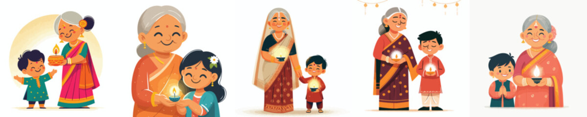 vector of an indian grandmother and grandson celebrating diwali