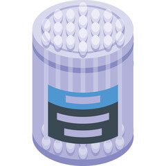A transparent background isometric illustration of a cylindrical container filled with cotton swabs and featuring a blue and dark gray label