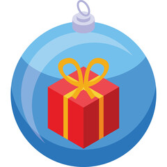 A Transparent Blue Glass Christmas Ornament Containing a Red Gift Box with a Yellow Bow and Ribbon Inside Centered on a White Background