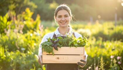 Smiling woman holding a crate of fresh herbs in a sunny garden