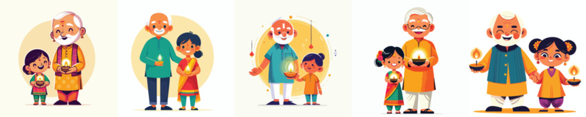 vector of an indian grandfather and grandson celebrating diwali