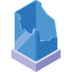 A Transparent Cracked Blue Glass Structure With A Purple Base On A White Background